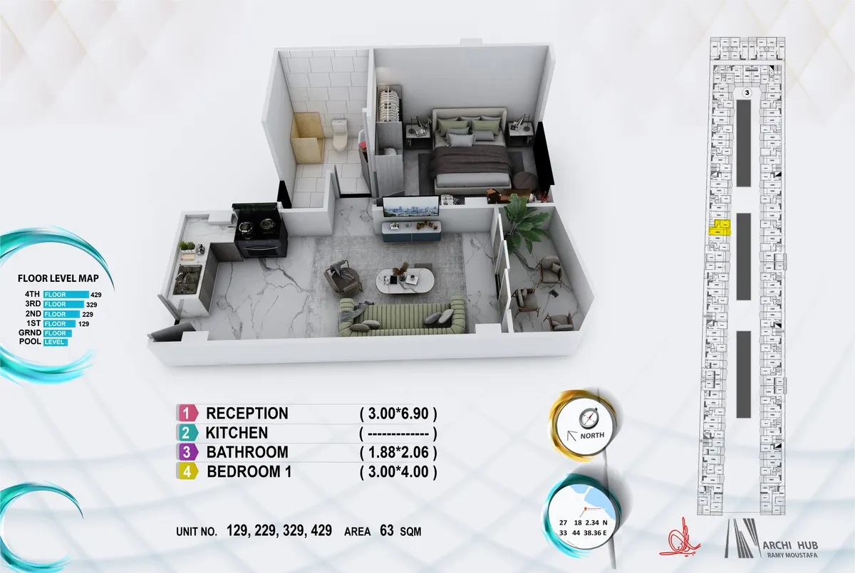 3D floor plan render of unit 229