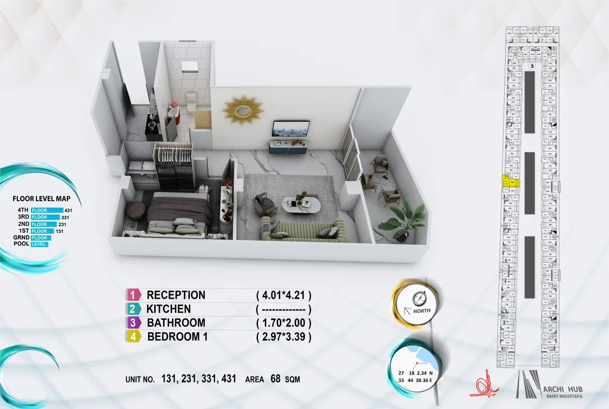 3D floor plan render of unit 231