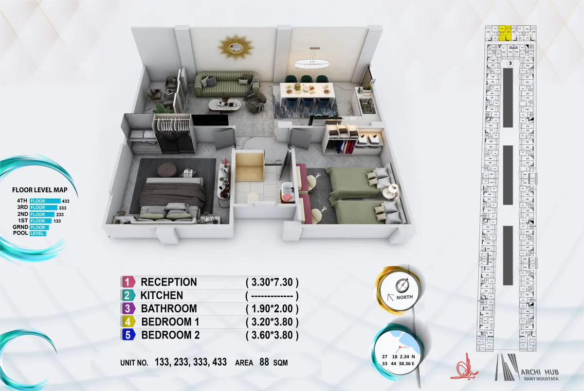 3D floor plan render of unit 433