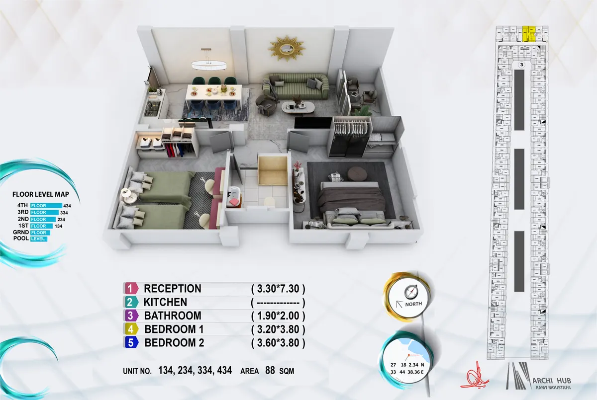 3D floor plan render of unit 234