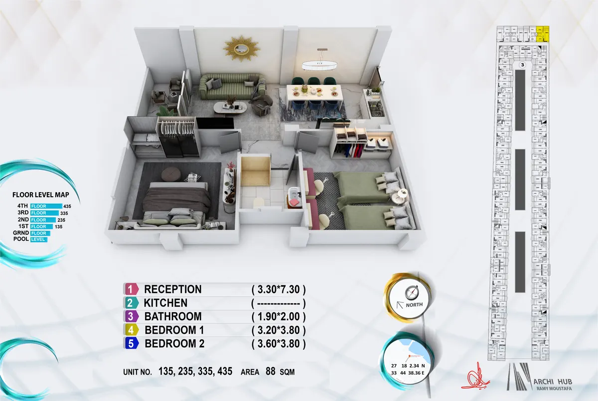 3D floor plan render of unit 435