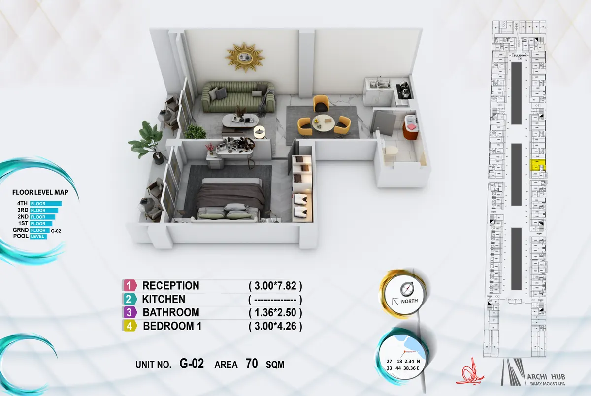 3D floor plan render of unit G2