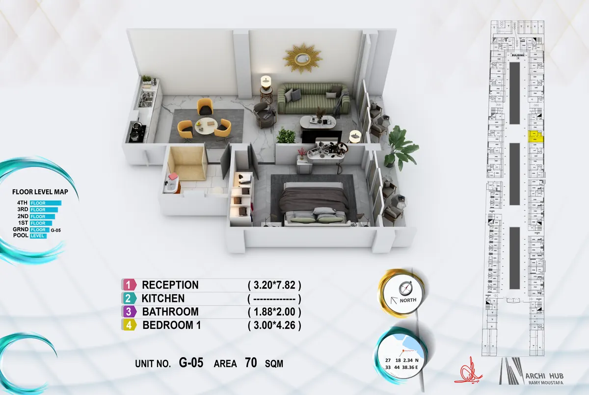 3D floor plan render of unit G5