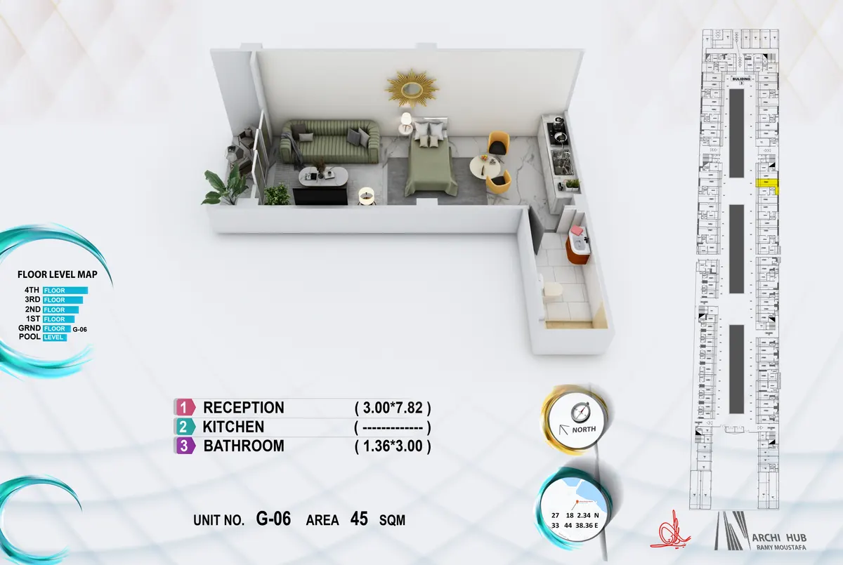 3D floor plan render of unit G6
