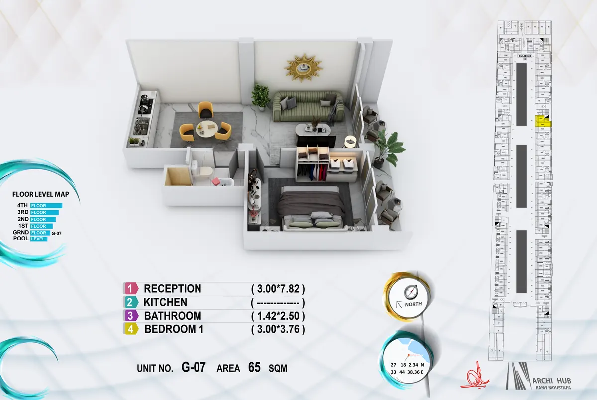 3D floor plan render of unit G7