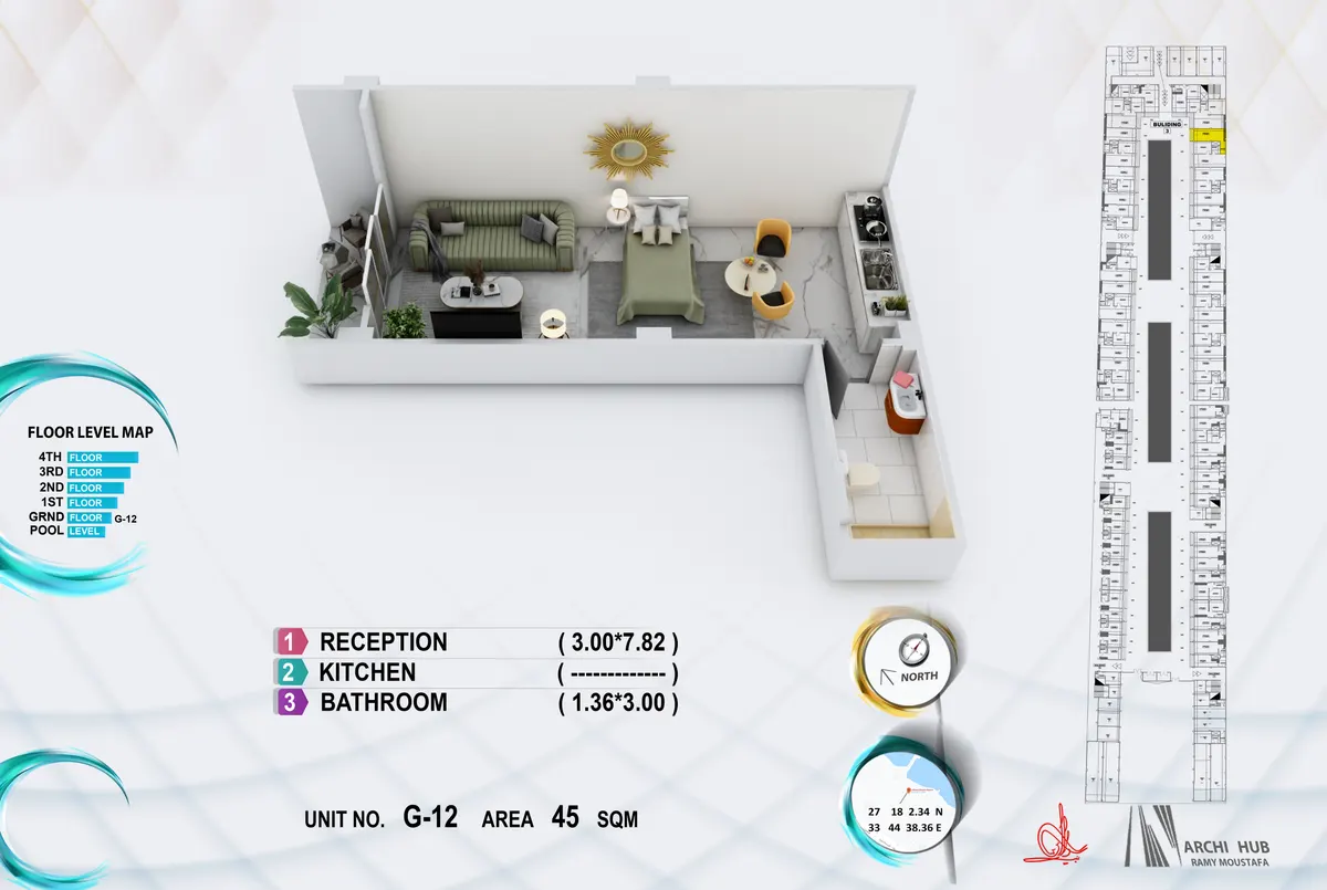3D floor plan render of unit G12