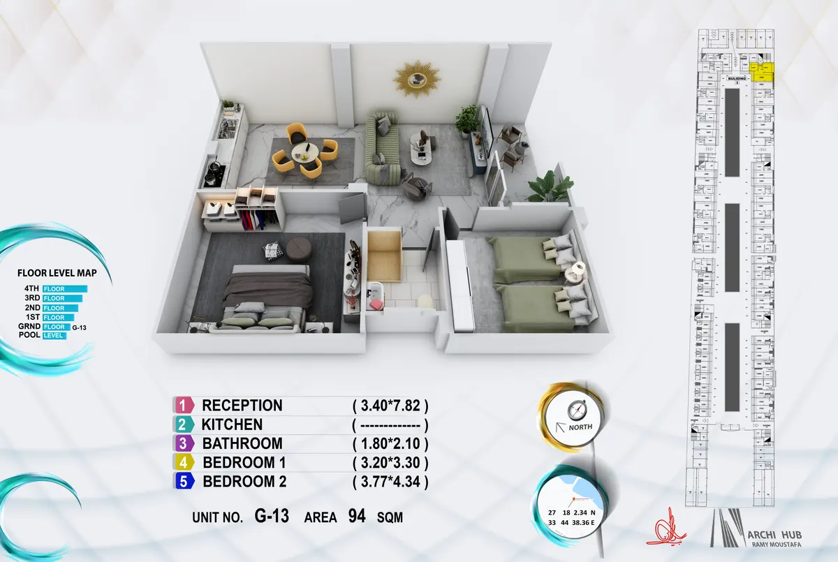 3D floor plan render of unit G13