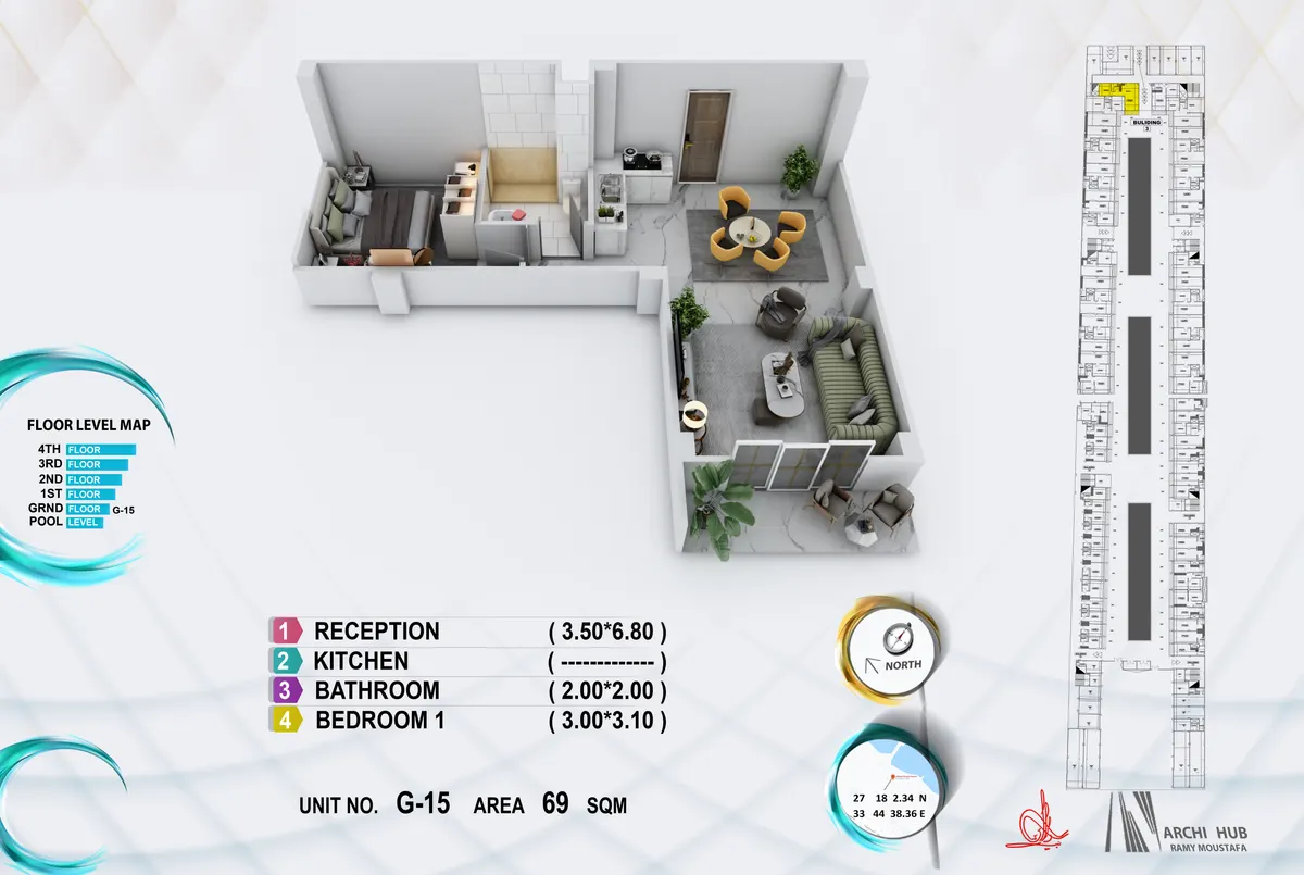 3D floor plan render of unit G15