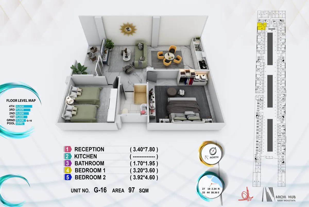 3D floor plan render of unit G16