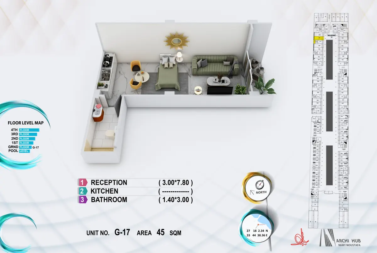 3D floor plan render of unit G17