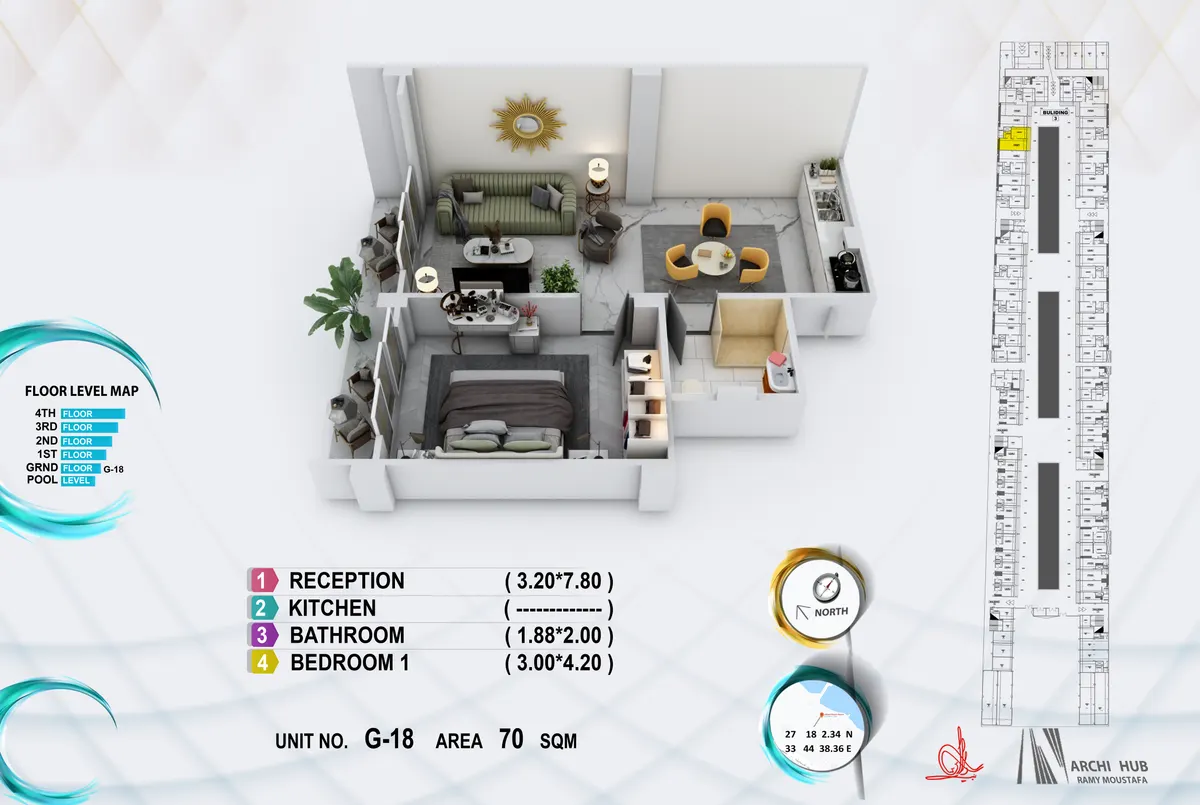 3D floor plan render of unit G18