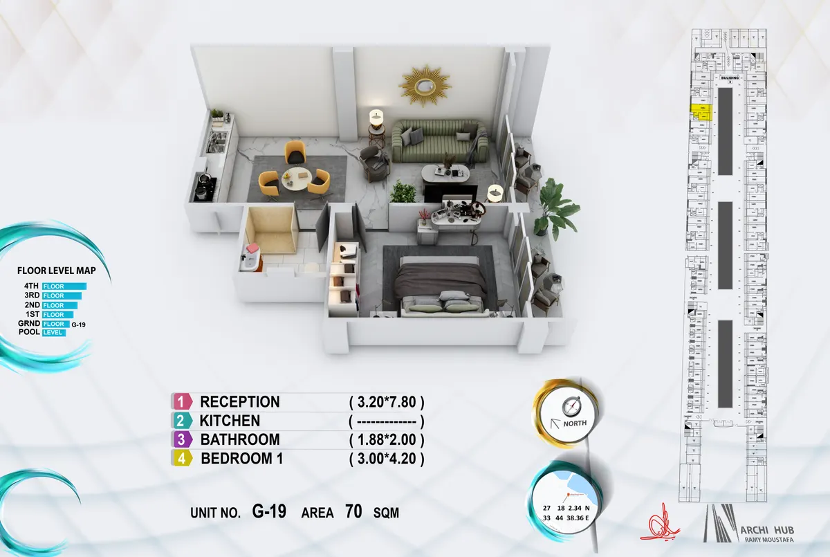 3D floor plan render of unit G19