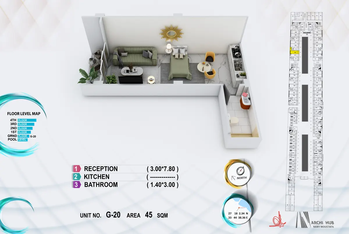 3D floor plan render of unit G20