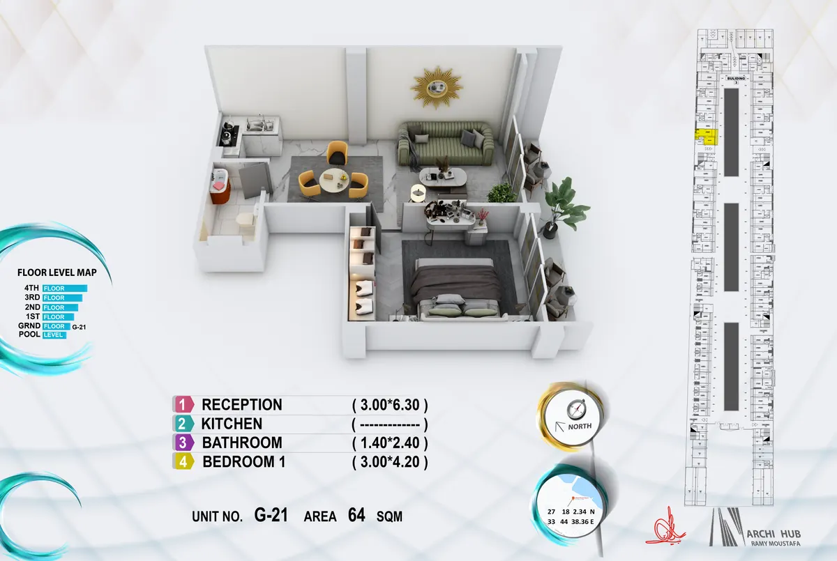 3D floor plan render of unit G21