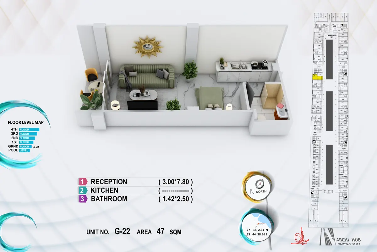 3D floor plan render of unit G22
