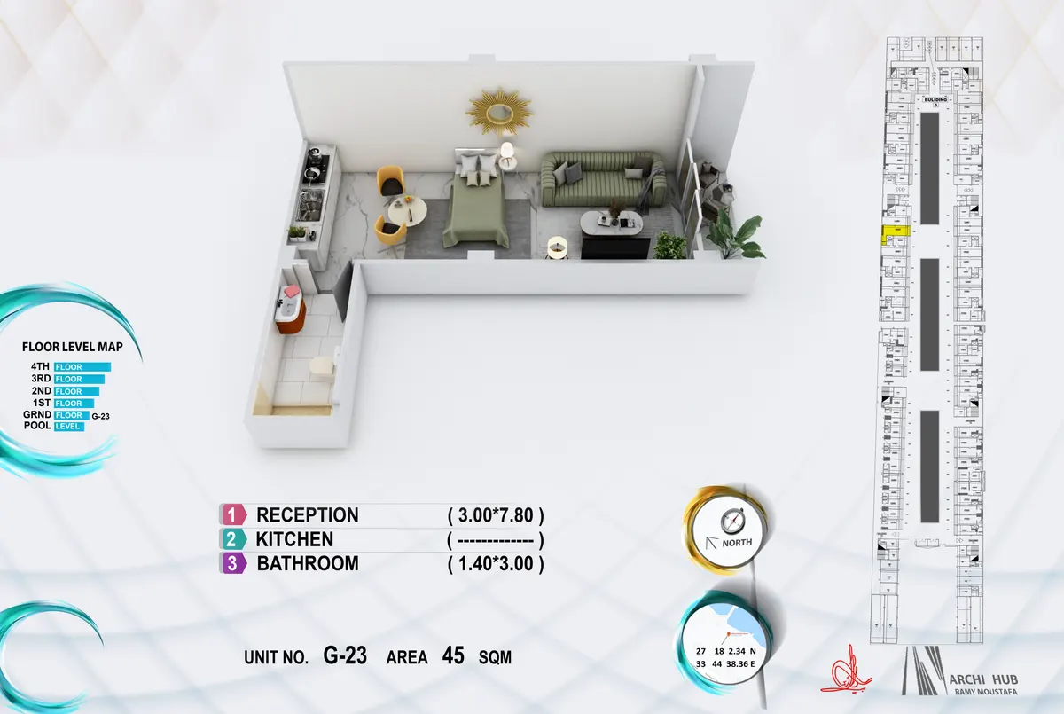 3D floor plan render of unit G23