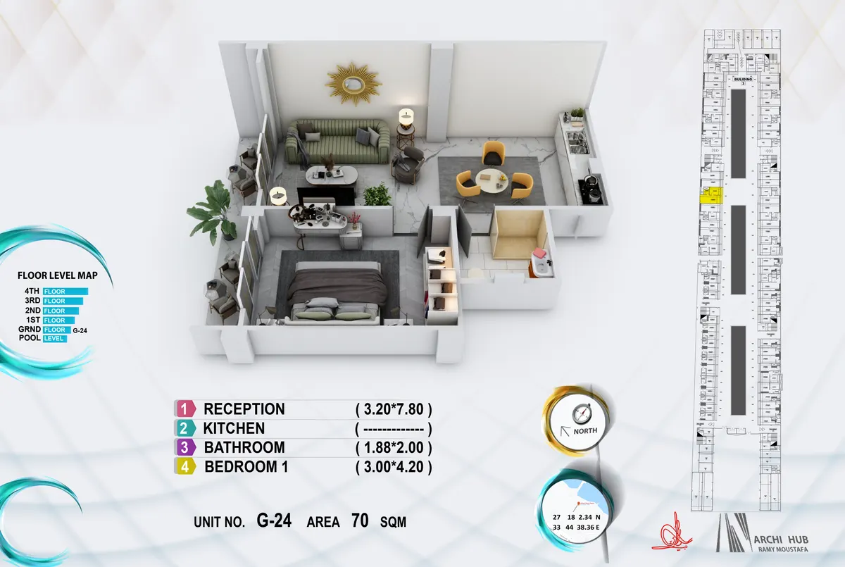 3D floor plan render of unit G24