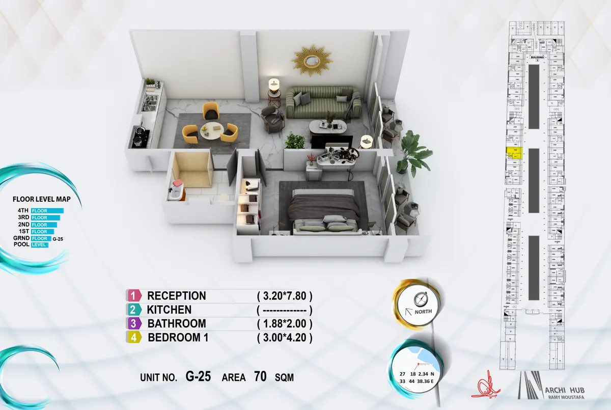 3D floor plan render of unit G25