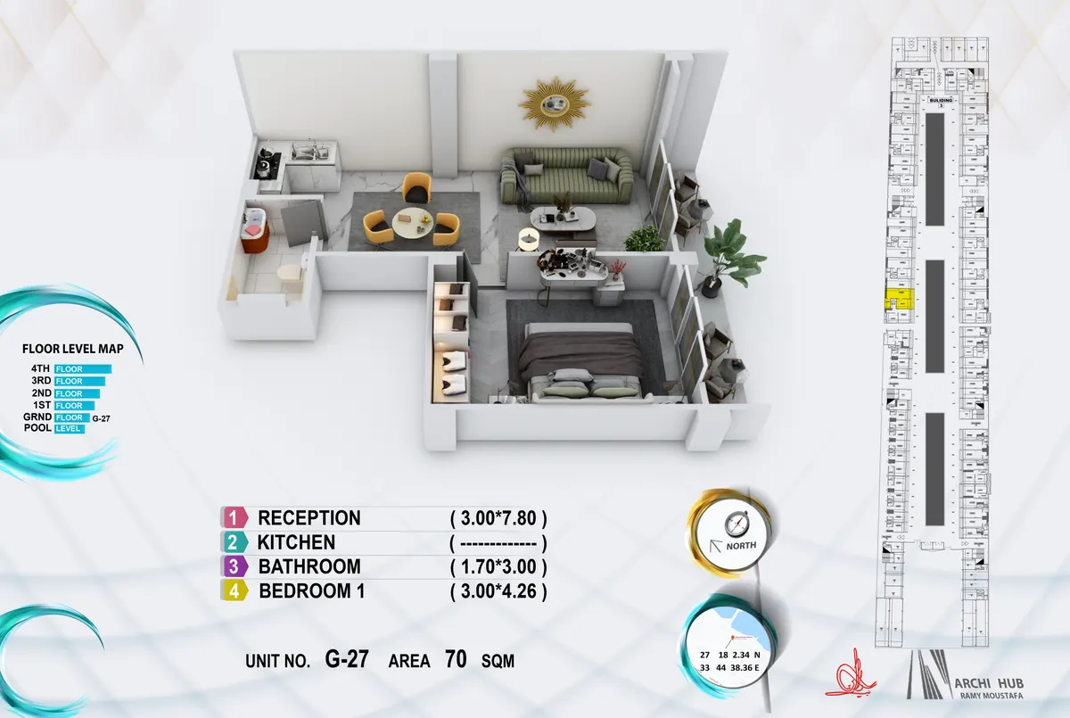 3D floor plan render of unit G27