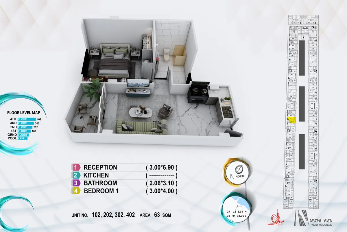 3D floor plan render of unit 402
