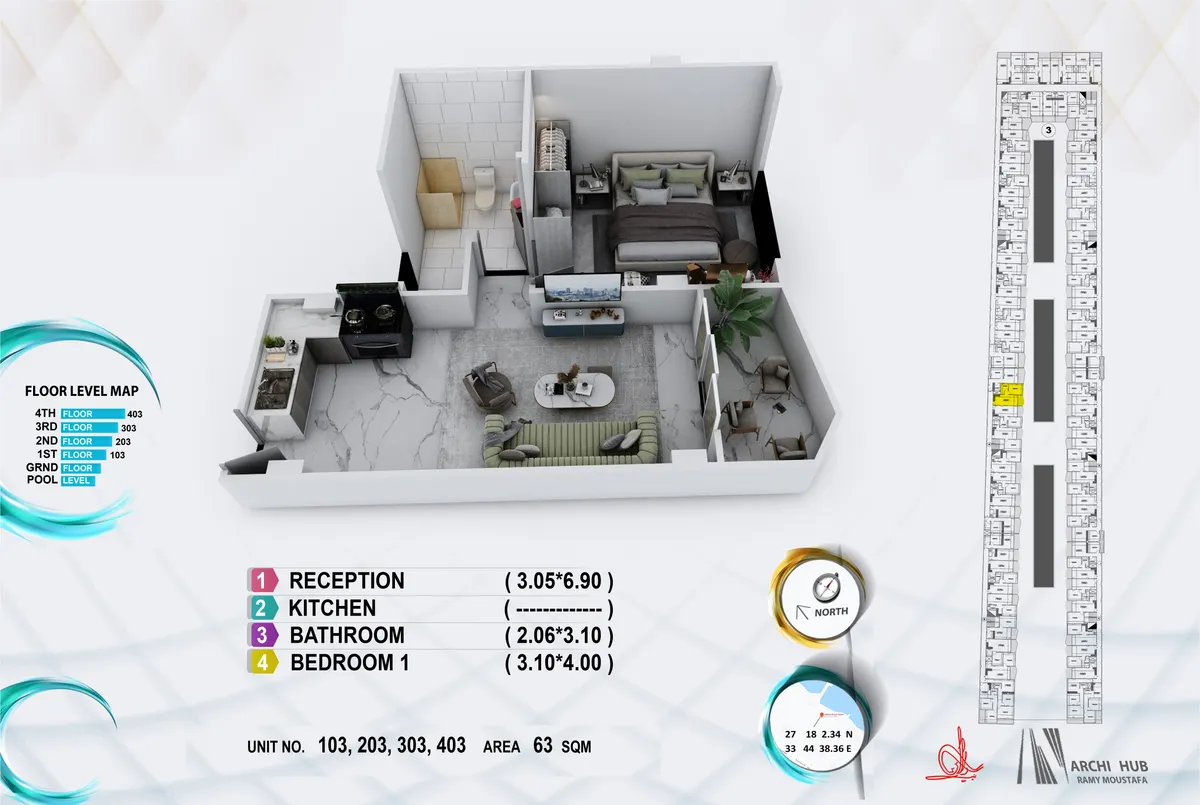 3D floor plan render of unit 103