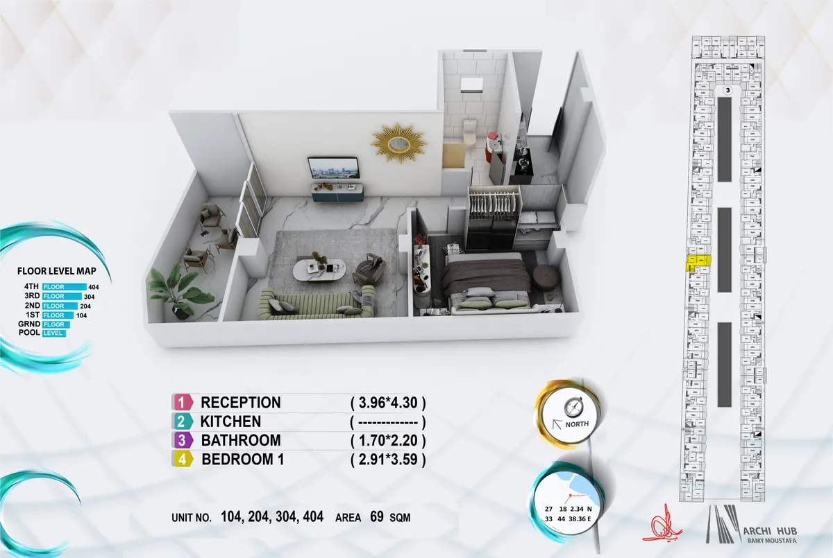3D floor plan render of unit 404