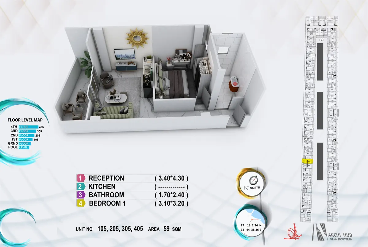 3D floor plan render of unit 105