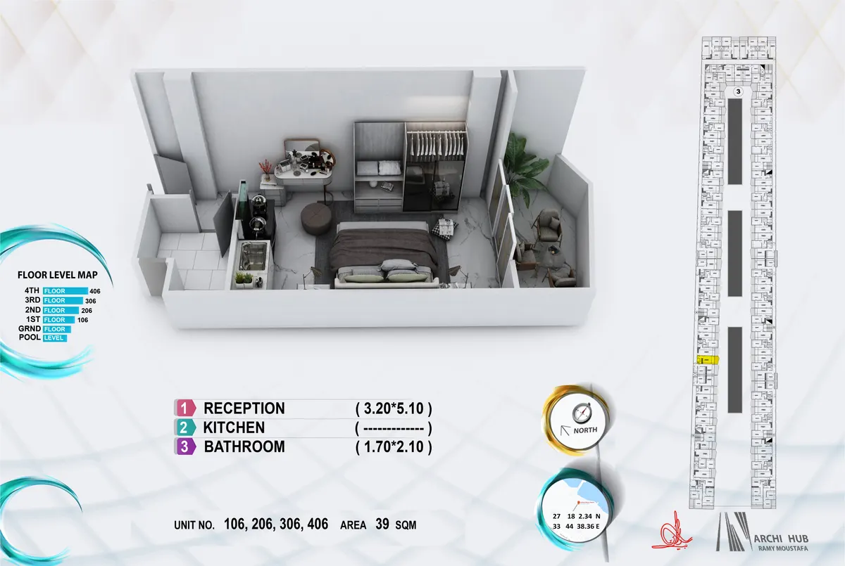 3D floor plan render of unit 306
