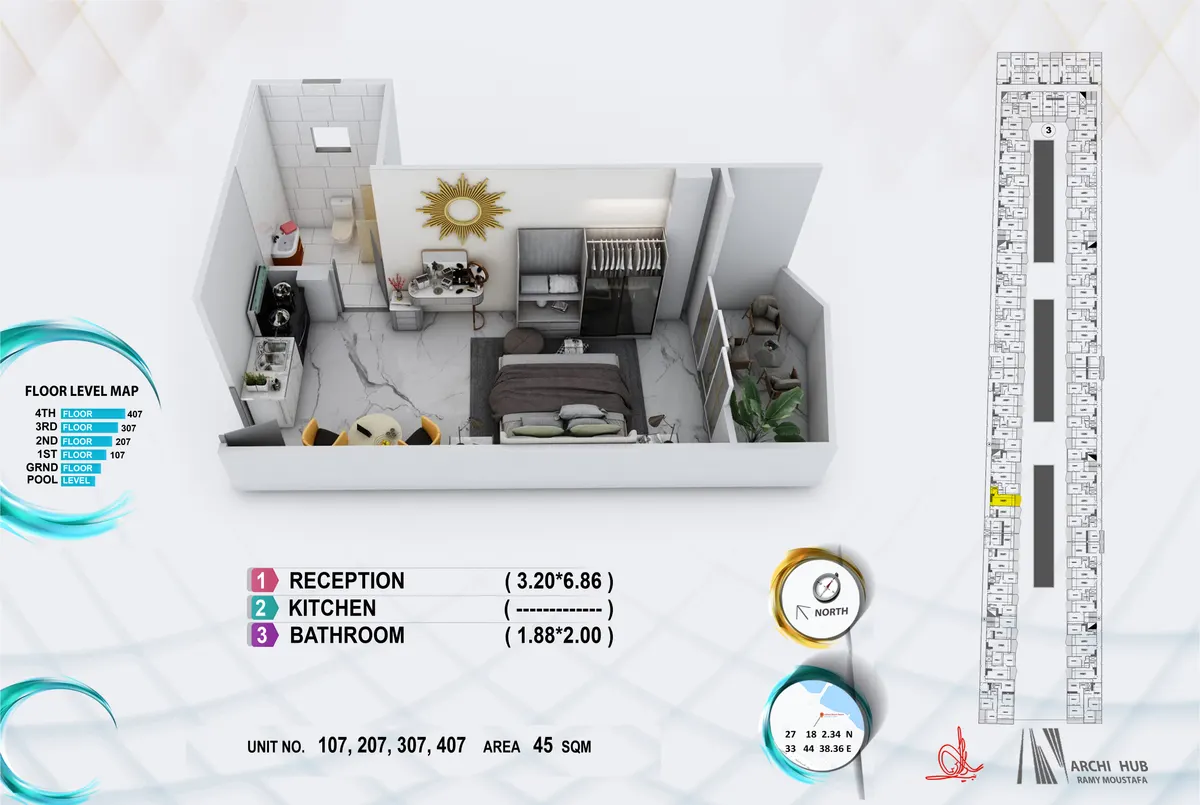 3D floor plan render of unit 207