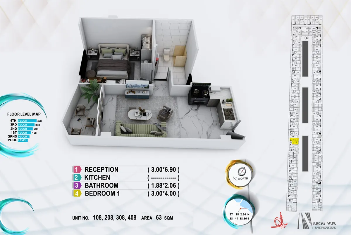 3D floor plan render of unit 108