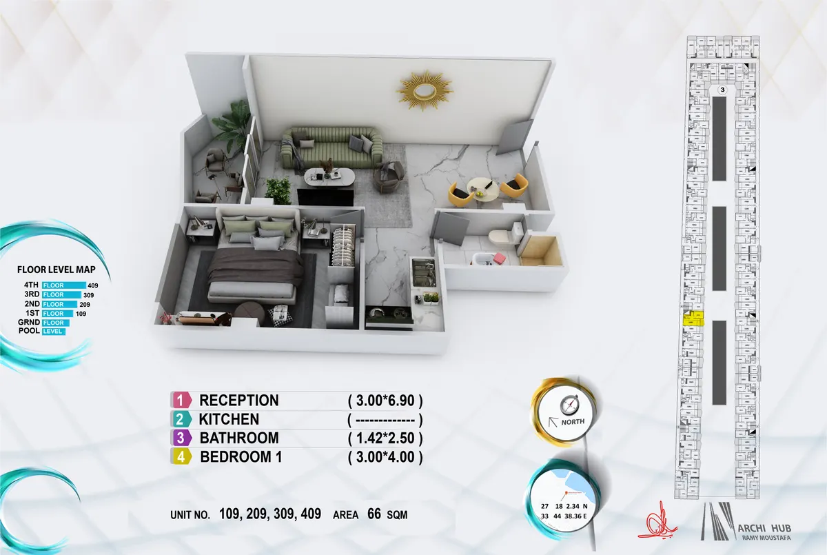 3D floor plan render of unit 309