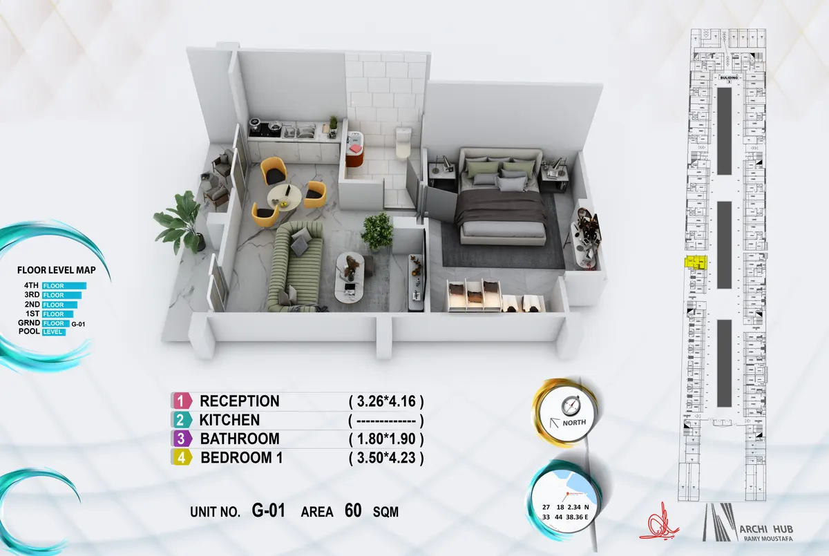 3D floor plan render of unit G1