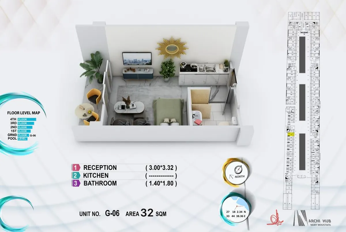3D floor plan render of unit G6