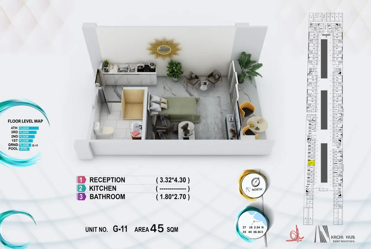 3D floor plan render of unit G11